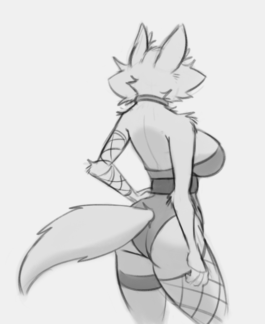 anthro biped breasts butt choker clothing female fishnet_clothing fur hi_res jewelry monochrome necklace rear_view schmutzo solo unknown_species