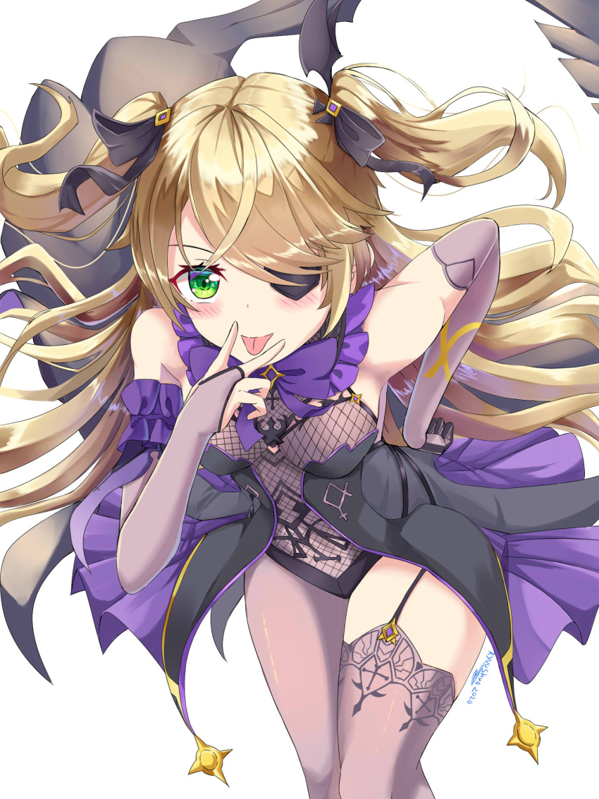 1girl :p bare_shoulders bat_ornament black_ribbon blonde_hair blush bodystocking bow bowtie breasts bridal_gauntlets chuunibyou collar eyepatch fischl_(genshin_impact) garter_straps genshin_impact gloves green_eyes hair_over_one_eye hair_ribbon highres leotard long_hair looking_at_viewer medium_breasts purple_bow purple_bowtie ribbon ryuu_shuo simple_background single_bridal_gauntlet single_glove single_sleeve single_thighhigh solo tailcoat thighhighs tongue tongue_out two_side_up vision_(genshin_impact)