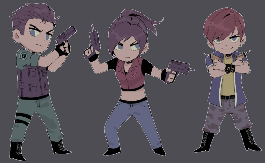 1girl 2boys blue_eyes brown_hair chris_redfield claire_redfield cowboy_shot crossed_arms grey_background gun holding medium_hair multiple_boys non-web_source ponytail portrait resident_evil resident_evil_-_code:_veronica short_hair steve_burnside tirtyturtle weapon