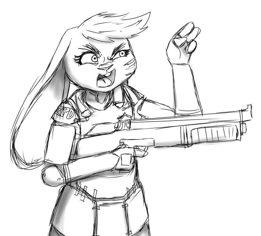 angry anthro armor disney female gun hair hi_res judy_hopps lagomorph leporid line_art mammal rabbit ranged_weapon scar simple_background solo spoof_(artist) weapon white_background yelling zistopia zootopia