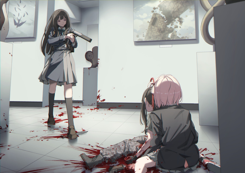 3girls aiming aqua_ribbon belt black_gloves black_hair black_shirt black_socks blood blood_on_arm blood_on_clothes blood_on_ground blood_on_leg blood_on_shoes blood_on_wall blood_splatter blue_belt blue_dress brown_footwear camouflage camouflage_pants clone closed_mouth collared_shirt commentary_request dress from_behind gloves grey_dress grey_footwear gun hair_ribbon handgun highres holding holding_weapon indoors injury inoue_takina knife long_hair long_sleeves lycoris_recoil lycoris_uniform mochi_(m0chi0000) multiple_girls museum neck_ribbon nishikigi_chisato one_side_up pants partial_commentary pleated_dress ponytail purple_eyes red_footwear red_ribbon ribbon shirt short_hair sidelocks sitting socks standing standing_on_object suppressor tile_floor tiles two-tone_dress wariza weapon weapon_request white_shirt