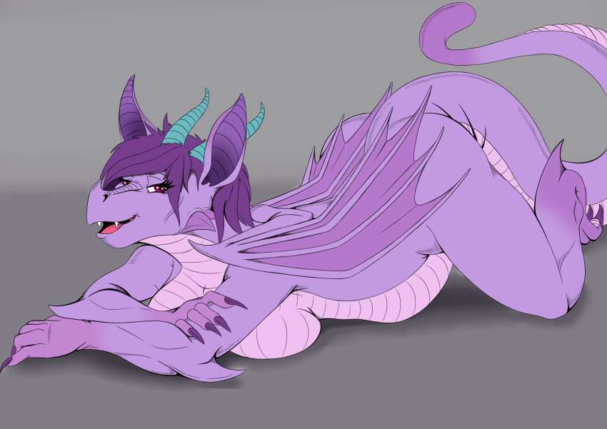 2018 2_horns absurd_res anthro belly big_breasts breast_squish breasts claws countershade_scales countershading digital_drawing_(artwork) digital_media_(artwork) dragon exelzior fangs female folded_wings friendship_is_magic genitals grey_background hair hasbro hi_res horn looking_at_viewer lying my_little_pony non-mammal_breasts nude on_front open_mouth overweight portrait pose prominence_(mlp) purple_body purple_eyes purple_hair purple_scales pussy scales scalie simple_background slightly_chubby solo squish tail teeth toe_claws wings