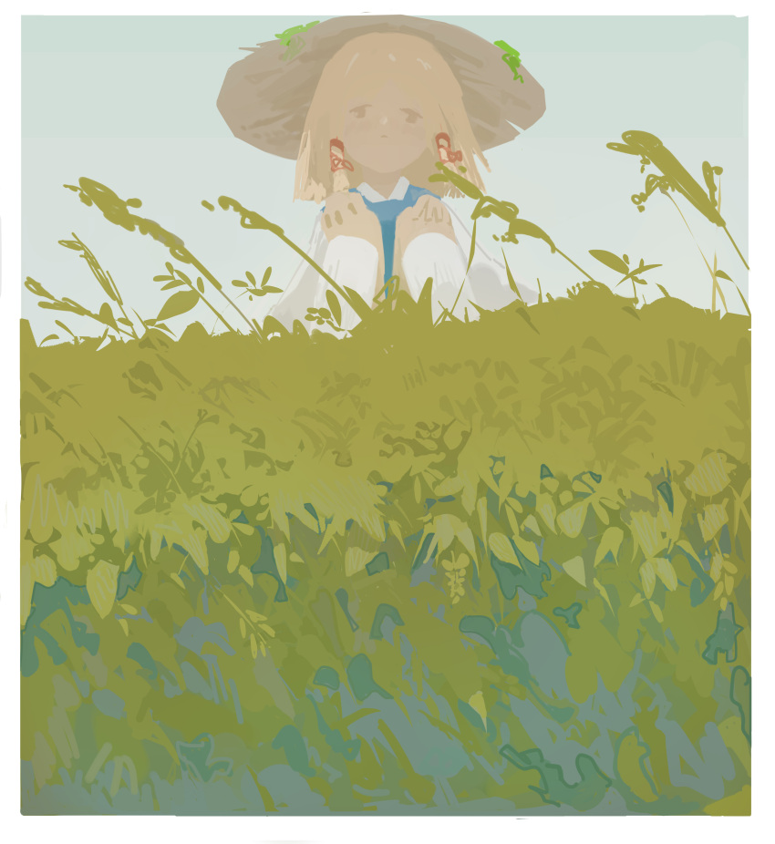 1girl absurdres animal_print blonde_hair braid frog_print grass grasslands hat highres moriya_suwako plant reisende1969 scenery sitting solo straw_hat tall_grass touhou twin_braids