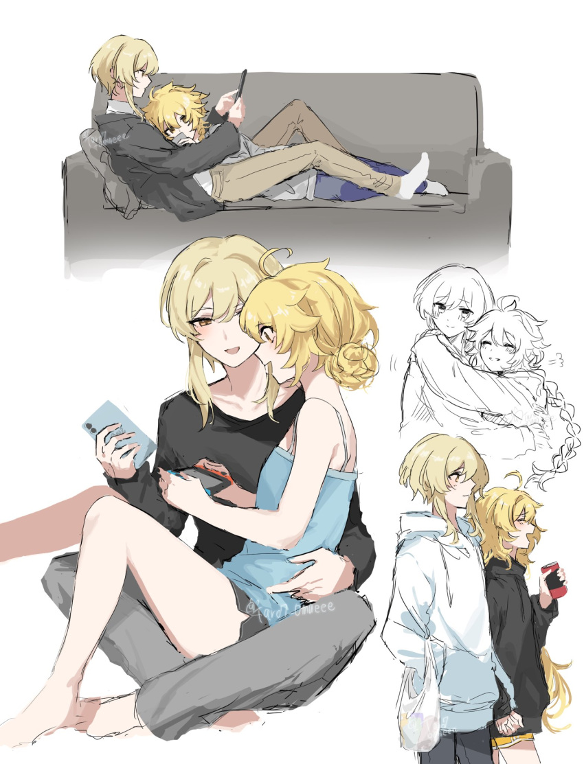 1boy 1girl aether_(genshin_impact) ahoge alternate_costume alternate_hairstyle arms_up artist_name bare_shoulders barefoot black_hoodie black_shirt blonde_hair blue_pants blue_tank_top braid brother_and_sister brown_eyes can cellphone closed_eyes closed_mouth collarbone collared_shirt couch english_commentary genshin_impact grey_jacket grey_pants grey_shorts grey_sweater hair_between_eyes hair_bun hand_in_pocket hand_on_another's_shoulder hand_up handheld_game_console hands_up highres holding holding_handheld_game_console holding_hands holding_phone hood hoodie hug jacket long_hair long_sleeves looking_down looking_to_the_side lumine_(genshin_impact) lying lying_on_person nintendo_switch on_back on_side open_clothes open_jacket open_mouth package pants phone pocket shirt short_hair short_hair_with_long_locks short_shorts shorts siblings sidelocks simple_background sitting smartphone smile socks soda_can sweater tank_top taro7_omaeee teeth white_background white_hoodie white_shirt white_socks yellow_eyes yellow_pants yellow_shorts