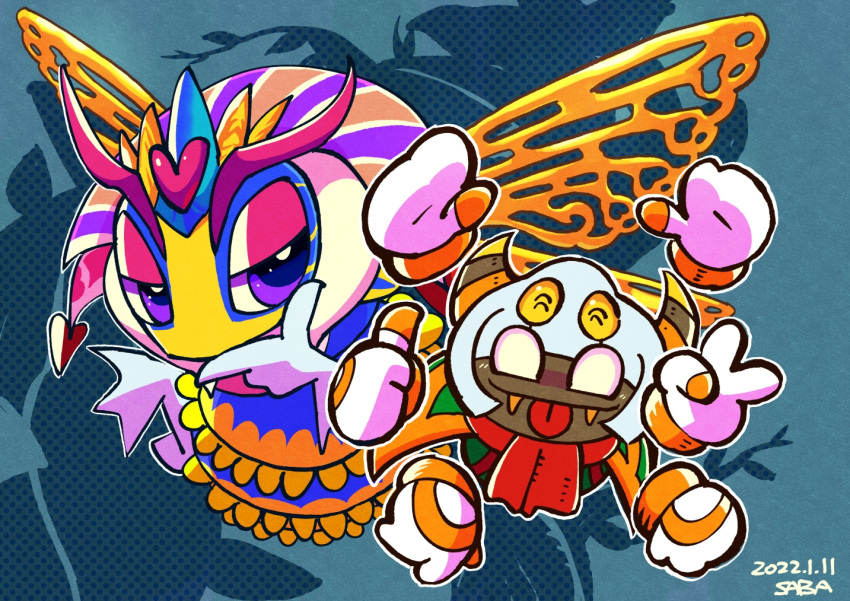 1boy 1girl antennae blue_background commentary_request dated disembodied_limb extra_arms eyeshadow fangs gloves hand_on_own_chin heart horns insect_wings kirby:_triple_deluxe kirby_(series) makeup purple_eyes queen_sectonia saba_hokke signature taranza tongue tongue_out v white_gloves wings