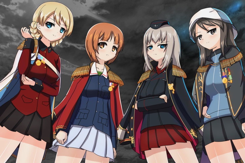 4girls black_coat black_headwear black_jacket black_skirt black_sky blonde_hair blue_eyes blue_headwear blue_jacket blue_skirt braid brown_eyes brown_hair closed_mouth coat coat_on_shoulders collared_shirt crossed_arms darjeeling_(girls_und_panzer) dress_shirt earlobe1514366 epaulettes fringe_trim frown garrison_cap girls_und_panzer girls_und_panzer_senshadou_daisakusen! green_shirt grey_coat grey_hair hand_on_own_arm hand_on_own_hip hat highres insignia itsumi_erika jacket keizoku_military_uniform kuromorimine_military_uniform long_hair long_sleeves looking_at_viewer medal medium_hair mika_(girls_und_panzer) military_hat military_uniform miniskirt multiple_girls nishizumi_miho official_alternate_costume ooarai_military_uniform outdoors overcast pleated_skirt raglan_sleeves red_coat red_jacket red_shirt red_skirt sash shirt short_hair skirt sky smile st._gloriana's_military_uniform standing track_jacket trait_connection tulip_hat twin_braids undershirt uniform white_coat white_sash white_skirt