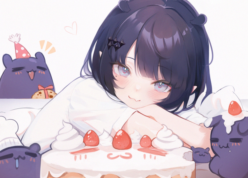 1girl blunt_bangs blush cake chef_hat fang food fruit hair_ornament hat heart highres hololive hololive_english koahri looking_at_viewer mole mole_under_eye ninomae_ina'nis pointy_ears purple_hair shirt short_hair short_sleeves simple_background skin_fang smile solo strawberry takodachi_(ninomae_ina'nis) virtual_youtuber white_background white_shirt