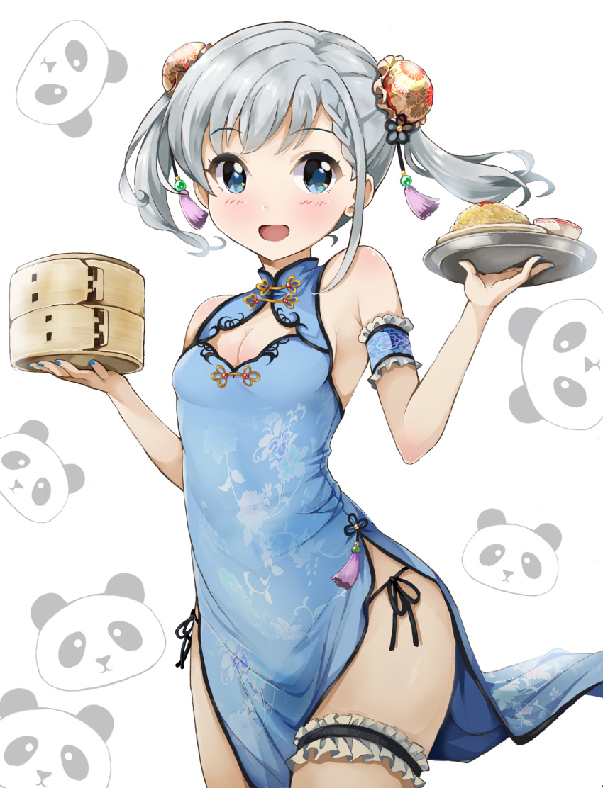 1girl arm_guards bamboo_steamer bare_shoulders blue_dress blue_eyes blue_nails blush braid braided_bangs breasts bun_cover china_dress chinese_clothes cleavage cleavage_cutout clothing_cutout dot_nose double_bun dress food fried_rice grey_hair hair_bun highres hisakawa_hayate holding holding_tray idolmaster idolmaster_cinderella_girls idolmaster_cinderella_girls_starlight_stage long_hair looking_at_viewer medium_breasts michii_yuuki open_mouth panda side_slit sleeveless sleeveless_dress smile solo thigh_strap tray very_long_hair white_background