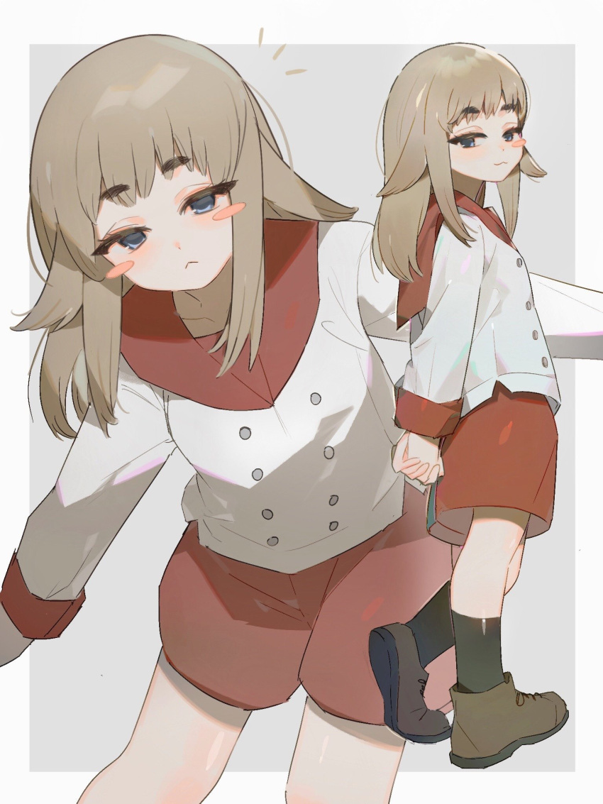 1girl :&lt; :3 arms_behind_back black_socks blue_eyes blush_stickers boots border brown_footwear buttons chestnut_mouth commentary contrapposto cowboy_shot from_side full_body grey_background hair_ears half-closed_eyes highres light_blush light_brown_hair long_hair looking_at_viewer mimihime_(tengoku_daimakyou) multiple_views notice_lines outside_border outstretched_arms own_hands_clasped own_hands_together projected_inset red_shorts red_wrist_cuffs short_eyebrows shorts sidelocks simple_background socks solo spread_arms takahara_academy_uniform tengoku_daimakyou thick_eyelashes white_border yjinchun1