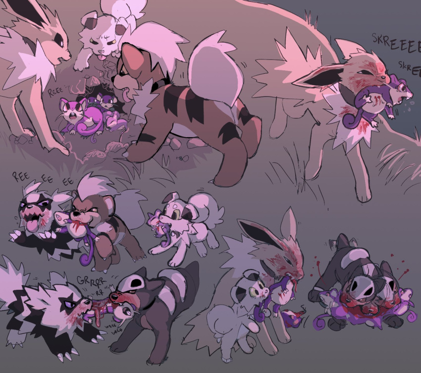 2022 blood blood_on_face blood_on_mouth bodily_fluids corpse decapitation dokudrinker eeveelution feral galarian_form galarian_zigzagoon generation_1_pokemon generation_2_pokemon generation_7_pokemon gore growlithe guts hi_res houndour jolteon killing nintendo organs pokemon pokemon_(species) predator/prey rattata regional_form_(pokemon) rockruff