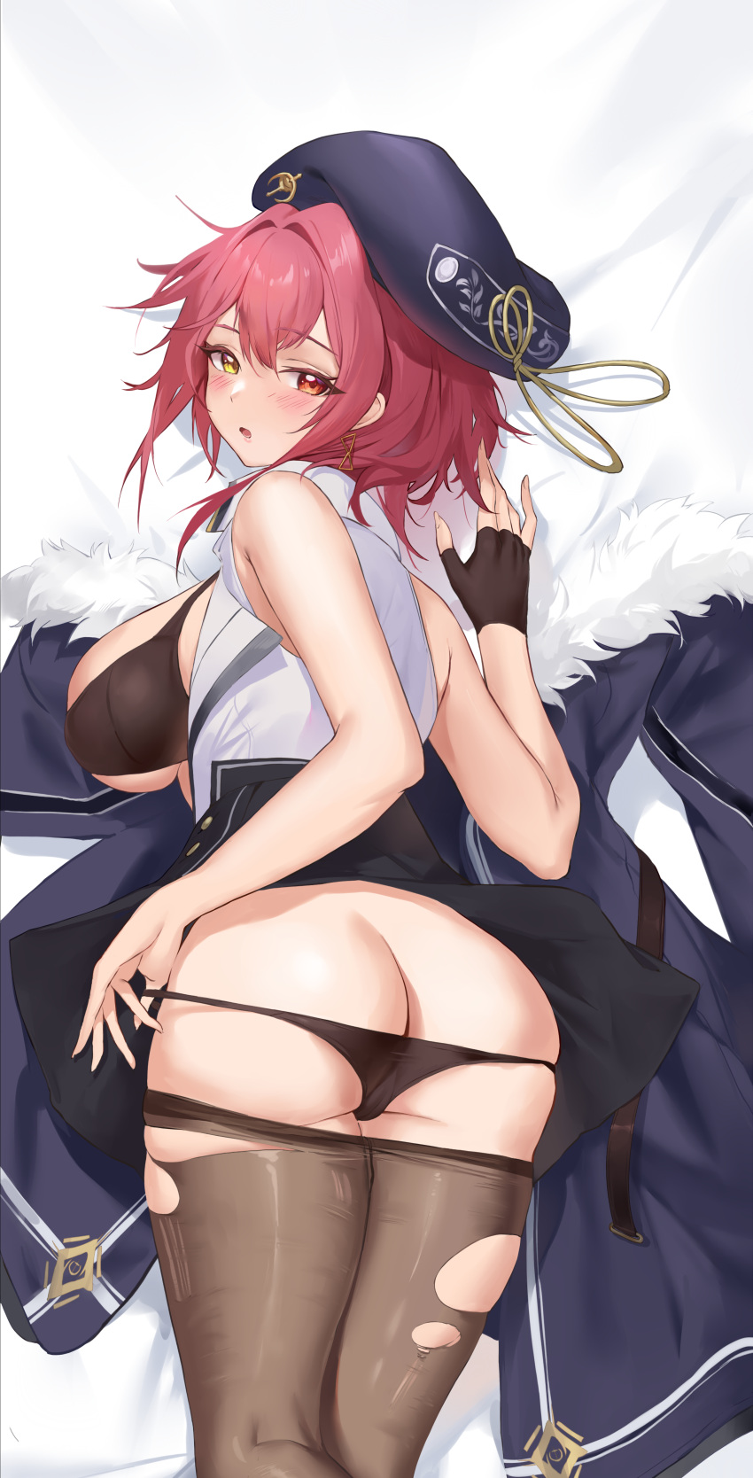 1girl absurdres ass ass_visible_through_thighs baseball_cap bed_sheet beret black_bra black_gloves black_jacket black_panties blue_coat blush bra breasts butt_crack coat coat_removed commentary_request dakimakura_(medium) fingerless_gloves fur-trimmed_coat fur_trim gloves hat heterochromia highres hololive houshou_marine houshou_marine_(6th_costume) jacket jewelry large_breasts long_hair looking_at_viewer lying navel necklace on_back on_stomach open_mouth panties pdxen red_eyes red_hair ribbon short_hair single_fingerless_glove single_glove smile stomach thigh_strap thighhighs thighs torn_clothes torn_thighhighs underwear virtual_youtuber yellow_eyes