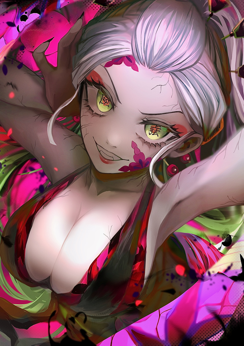 1girl absurdres arm_up breasts cleavage cracked_skin daki_(kimetsu_no_yaiba) facial_mark fangs from_above green_eyes grin hair_ornament hair_stick highres honmou_(pixiv64700875) japanese_clothes kimetsu_no_yaiba large_breasts long_hair looking_at_viewer smile solo text_in_eyes topknot white_hair