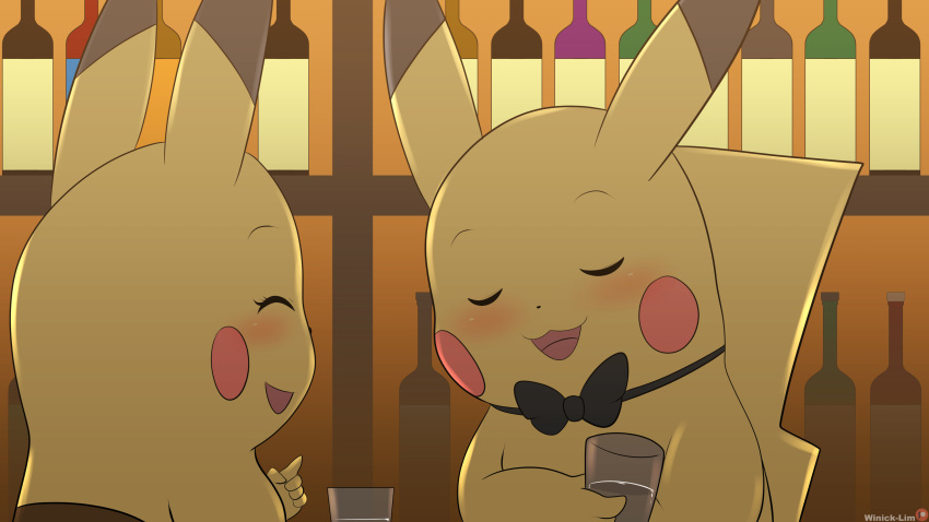 2023 5_fingers absurd_res alcohol anthro bartender beverage blush bow_tie container cup drinking_glass duo eyelashes eyes_closed female fingers generation_1_pokemon gesture glass glass_container glass_cup hi_res long_ears male male/female nintendo pikachu pointing pokemon pokemon_(species) red_cheeks shot_glass tail wine wine_bottle winick-lim yellow_body