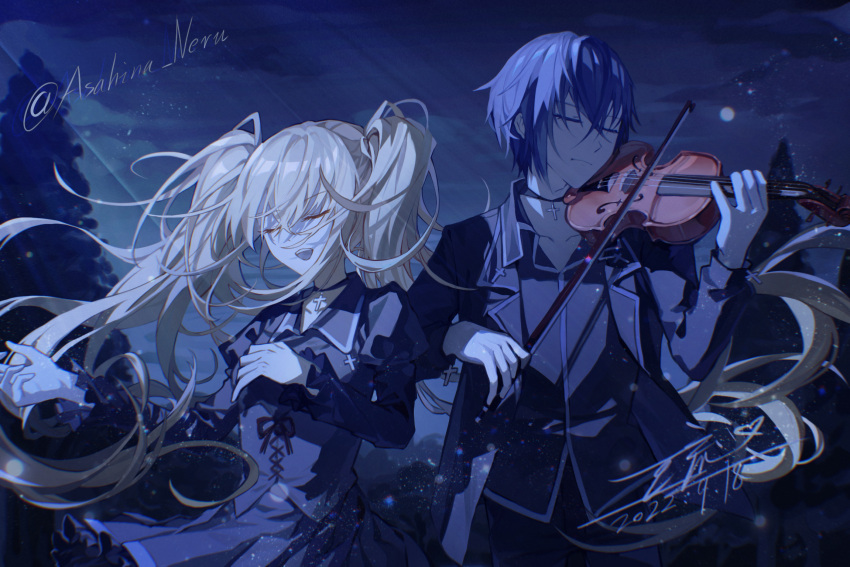 1boy 1girl black_choker black_dress black_jacket black_pants blonde_hair blue_hair brother_and_sister choker closed_eyes closed_mouth color_filter cross cross_choker dress full_moon highres holding holding_instrument hoshina_utau instrument jacket long_sleeves moon music night night_sky open_mouth pants ryuh_(asahina_neru) shugo_chara! siblings singing sky tree tsukiyomi_ikuto twintails twitter_username violin