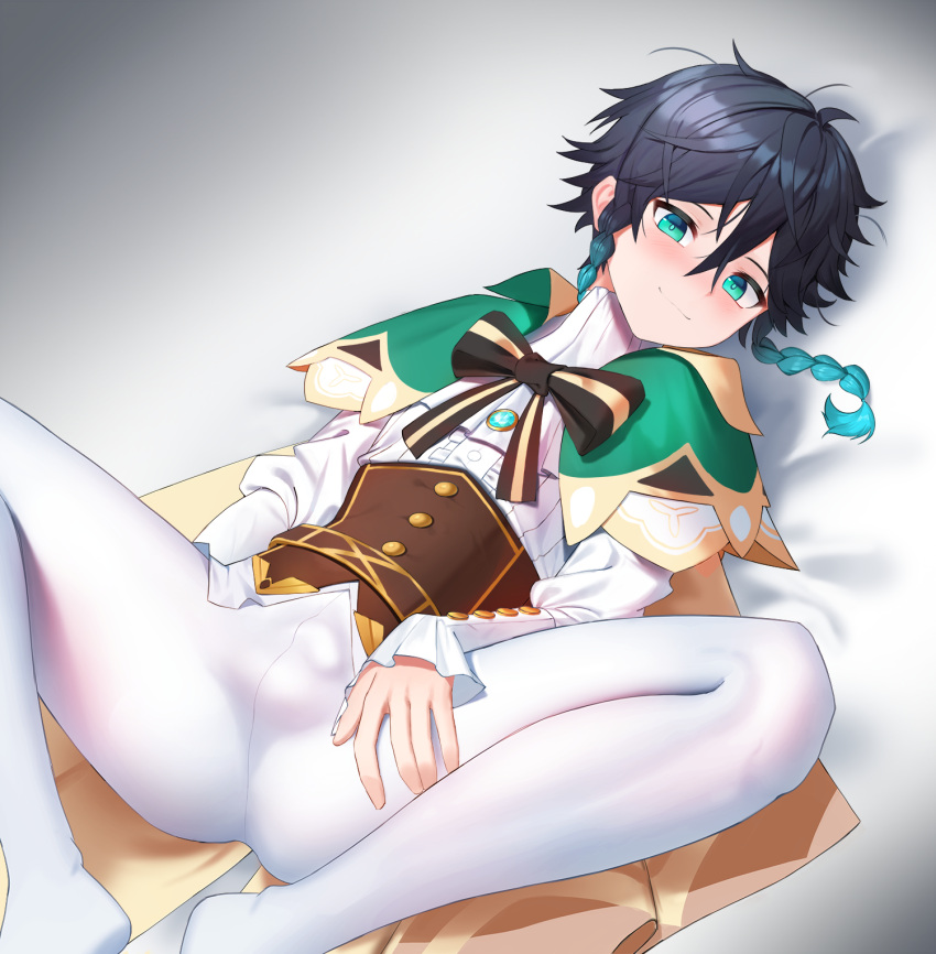 1boy androgynous black_hair blue_hair blush bow braid brooch bulge closed_mouth collared_cape commentary_request corset frilled_sleeves frills gem genshin_impact gradient_hair green_eyes highres jewelry jjw1029 long_sleeves looking_at_viewer lying male_focus multicolored_hair on_back pantyhose shirt short_hair_with_long_locks smile solo spread_legs twin_braids venti_(genshin_impact) white_pantyhose white_shirt