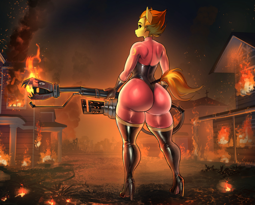big_butt blonde_hair boots butt clothing equid equine fire flamethrower footwear friendship_is_magic hair hasbro hi_res high_heeled_boots high_heels looking_at_viewer mammal multicolored_hair my_little_pony orange_hair pyro_(team_fortress_2) ranged_weapon skinsuit skintight_suit spitfire_(mlp) tail tail_wraps team_fortress_2 thick_thighs tight_clothing town transfaled_(fwexz) two_tone_hair valve weapon wonderbolts_(mlp) wraps