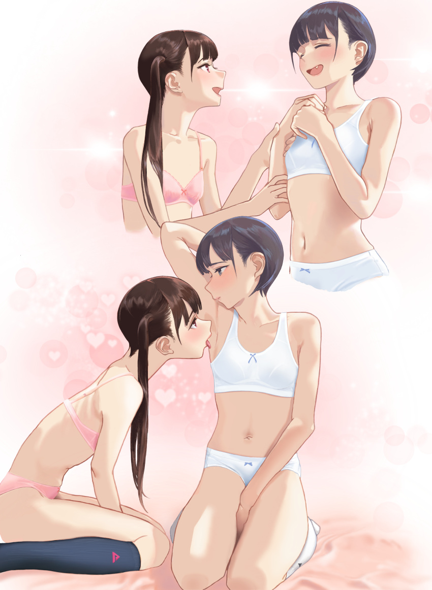 2girls absurdres armpits black_hair blush bra brown_hair closed_eyes commentary_request fang heart highres hiramedousa licking licking_armpit long_hair multiple_girls navel open_mouth original panties pink_bra pink_panties profile short_hair sitting smile socks textless_version twintails underwear underwear_only white_bra white_panties white_socks yuri