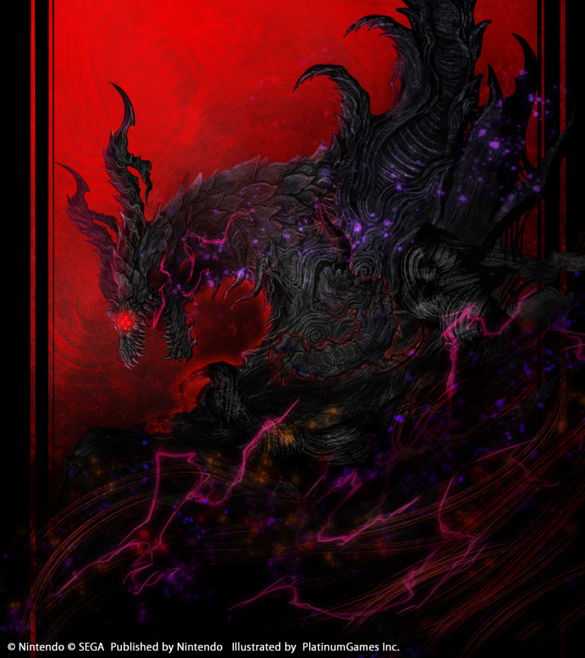 artist_request bayonetta_(series) bayonetta_3 dragon from_side glowing glowing_eyes gomorrah_(bayonetta) highres monster no_humans official_art open_mouth profile red_background red_eyes solo tagme