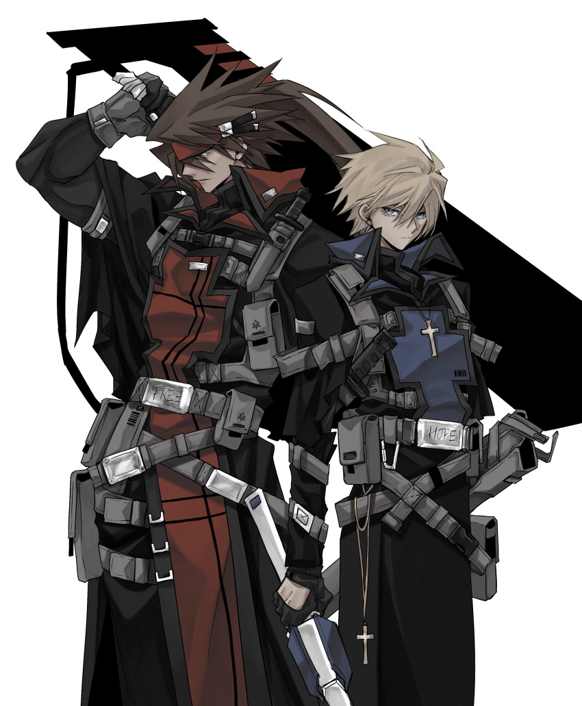 2boys absurdres ahoge belt_pouch black_gloves blonde_hair blue_eyes brown_hair coat cross cross_necklace dong_hole gloves guilty_gear guilty_gear_xx headband highres holding holding_sword holding_weapon huge_weapon jewelry knife ky_kiske multiple_boys muscular muscular_male necklace order-sol ponytail pouch red_headband simple_background sol_badguy spiked_hair sword weapon white_background yellow_eyes