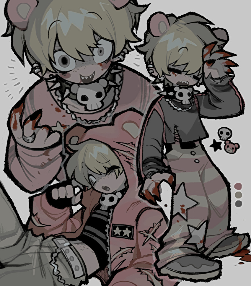 1boy absurdres animal_ears bear_ears black_shirt blood blood_on_hands choker claws earrings gloomy_bear grey_pants grey_sweater highres hood hood_up jacket jewelry male_focus necklace notice_lines open_mouth original pants personification pink_jacket pink_pants sharp_teeth shirt simple_background solo spiked_choker spikes sweater teeth tonkatsu184 white_background
