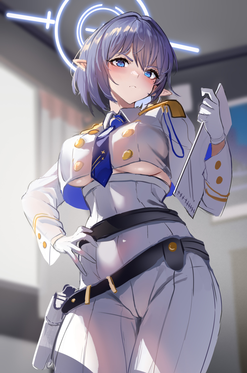 1girl absurdres aoi_(blue_archive) belt black_belt blue_archive blue_eyes blue_hair blue_halo blue_necktie breasts clipboard collared_jacket crop_top crop_top_overhang cropped_jacket epaulettes gloves halo hand_on_own_hip high-waist_skirt highres holding holding_clipboard holster indoors jacket large_breasts long_sleeves looking_at_viewer mole mole_under_eye necktie pointy_ears ribbed_skirt short_hair skirt solo stone_(ksorede) underboob white_gloves white_jacket white_uniform