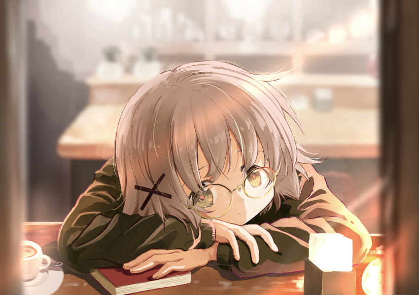 1girl alternate_costume bespectacled blurry blurry_background book brown_eyes brown_hair brown_sweater cafe counter crossed_arms cup drink expressionless glasses hair_ornament head_on_table hidamari_sketch highres looking_at_viewer percy_pyl round_eyewear short_hair solo sweater tea teacup x_hair_ornament yuno_(hidamari_sketch)