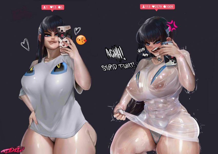 1girl alternate_costume anger_vein before_and_after biting black_hair blue_eyes blush breasts brown_lips commentary covered_abs curvy english_commentary grey_background hair_ornament hairclip hand_on_own_hip highleg highleg_panties highres huge_breasts impossible_clothes impossible_shirt junketsu kill_la_kill kiryuuin_satsuki lip_biting living_clothes long_hair meme nipple_bar nipple_piercing no_bra pajamas_challenge_(meme) panties piercing see-through see-through_shirt selfie shiny_skin shirt solo straight_hair sweat t-shirt thick_thighs thighs tight_clothes tight_shirt tudduls underwear wet wet_clothes wet_shirt white_panties white_shirt