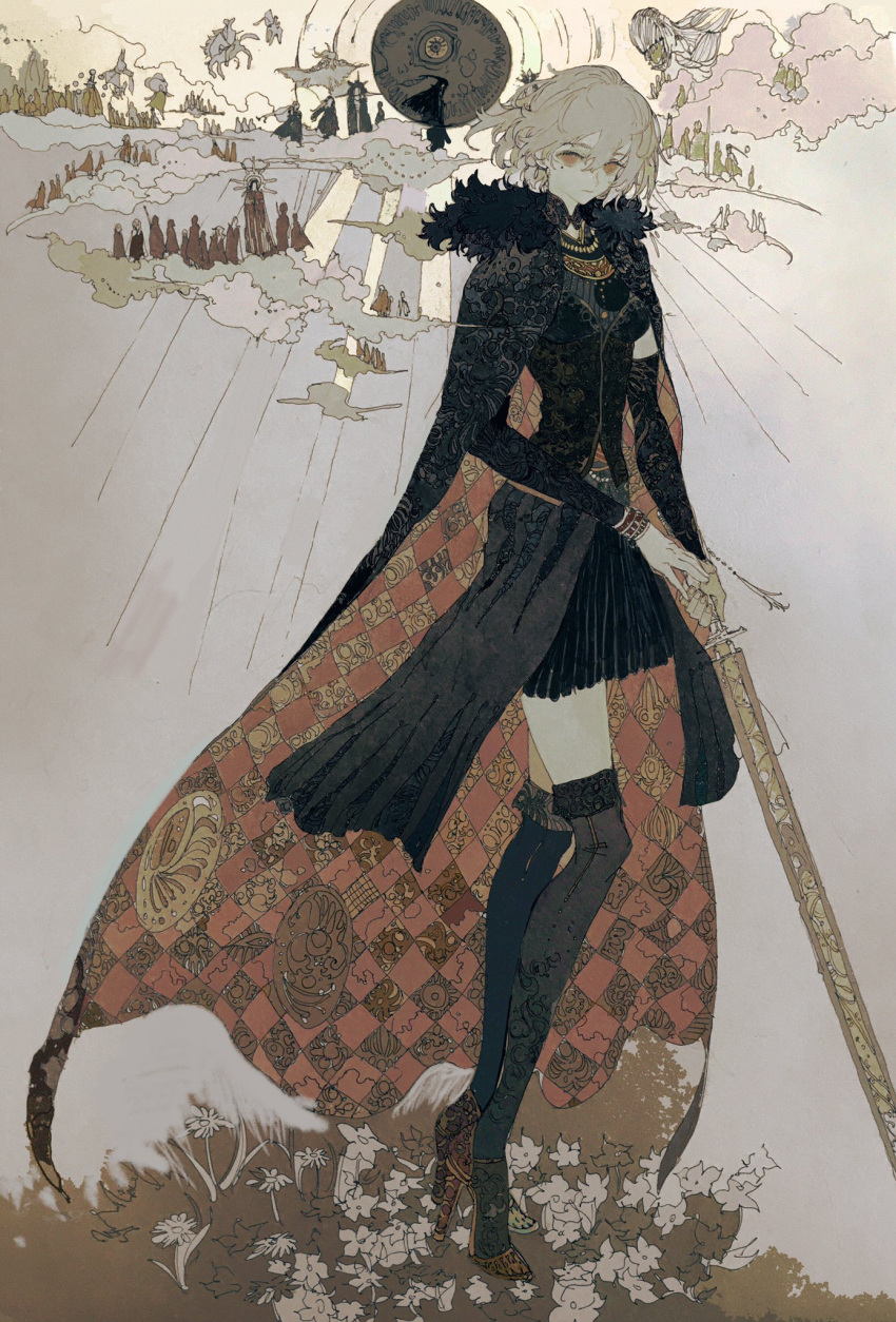 1girl black_cape black_skirt black_socks cape flower high_heels highres holding holding_sword holding_weapon jewelry mon_(monmon2133) necklace original over-kneehighs pleated_skirt print_cape skirt socks solo_focus sword thighhighs weapon white_flower