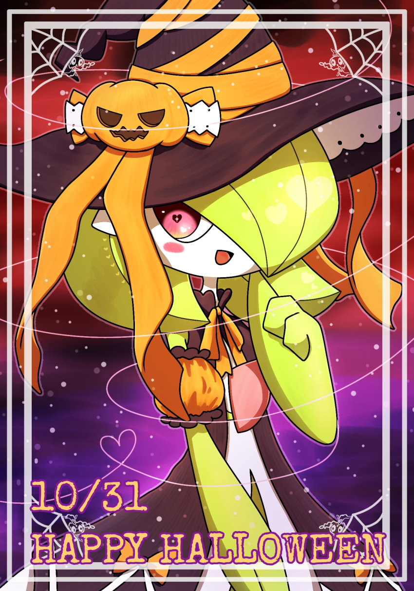 1girl bare_shoulders black_dress black_headwear blush blush_stickers bob_cut border bow clothed_pokemon colored_skin commentary_request commentary_typo dated detached_sleeves dress english_commentary english_text flat_chest gardevoir gardevoir_(halloween) green_hair green_skin grey_border hair_over_one_eye halloween hand_up happy happy_halloween hat hat_bow hat_ribbon heart heart-shaped_pupils highres looking_at_viewer mixed-language_commentary multicolored_background multicolored_skin neck_ribbon one_eye_covered open_mouth orange_bow orange_ribbon orange_sleeves outline outside_border partial_commentary phantump pokemon pokemon_(creature) pokemon_cafe_mix red_eyes ribbon short_hair short_sleeves sleeveless sleeveless_dress smile solo standing symbol-shaped_pupils two-tone_skin upper_body white_skin witch witch_hat yuri_(fl0werspace)