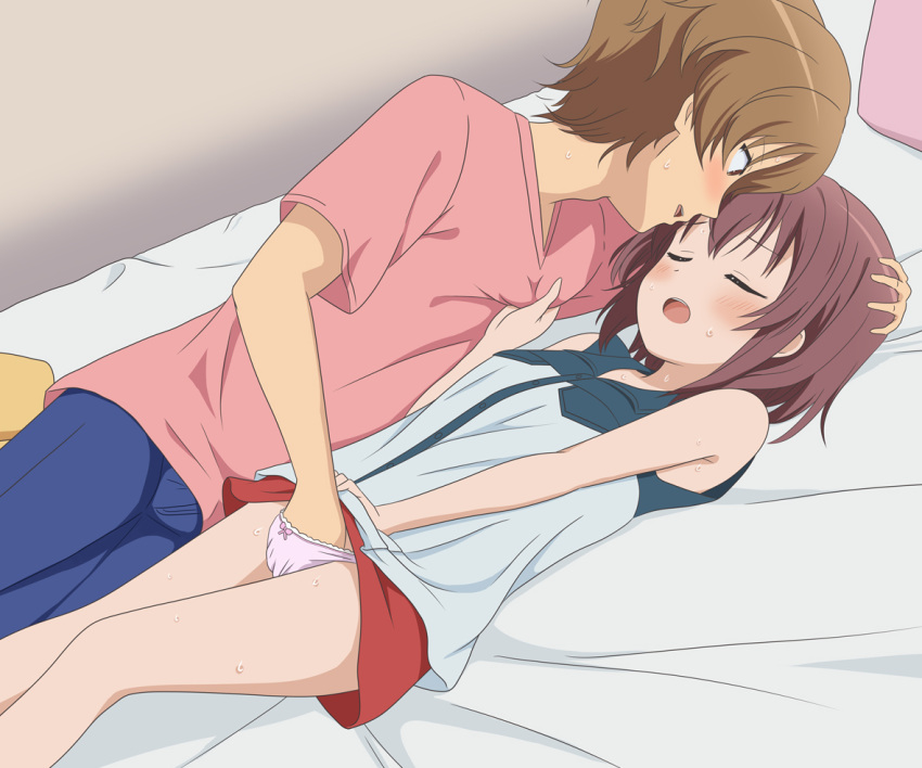 1boy 1girl bare_shoulders bed blush breasts brown_hair closed_eyes commentary_request couple fingering hanabikawa_alice hetero indoors komiya_nonoka light_brown_hair looking_at_another lying masturbation mizusaka_souta on_back on_bed open_mouth panties pink_panties shirt short_hair skirt sleeveless small_breasts sora_no_method underwear