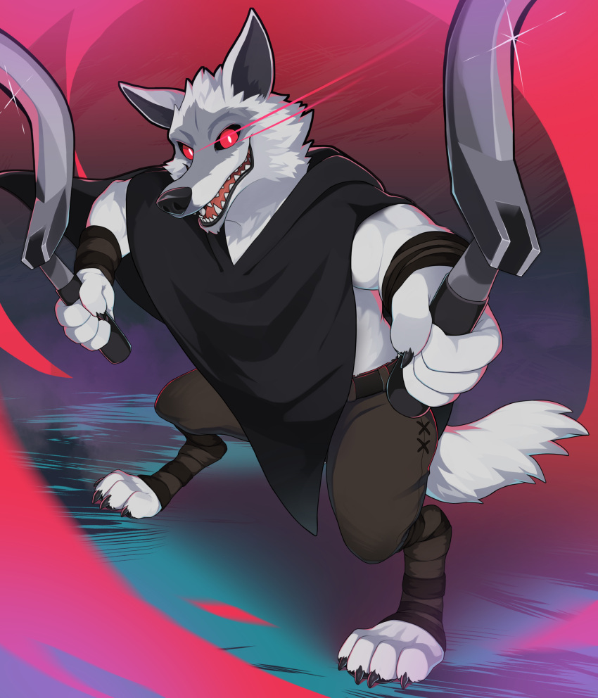 2023 4_fingers 4_toes absurd_res anthro belt black_cloak bottomwear canid canine canis claws clothing death_(puss_in_boots) dreamworks dual_wielding feet fingers glaring glaring_at_viewer hi_res holding_object holding_weapon huka looking_at_viewer male mammal melee_weapon open_mouth pants puss_in_boots_(film) puss_in_boots_the_last_wish red_eyes sharp_teeth sickle_sword solo teeth toe_claws toes weapon wolf