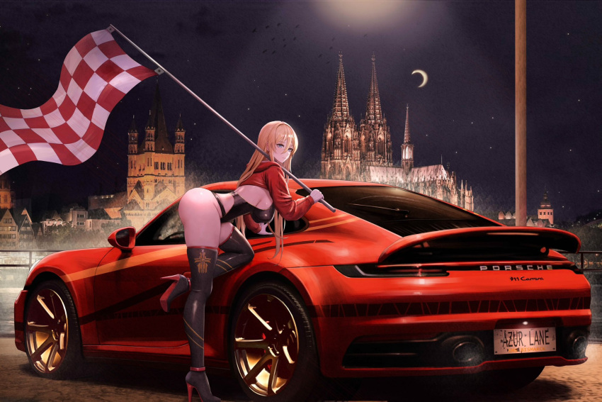 ass azur_lane bismarck_(azur_lane) blonde_hair boots breasts checkered_flag crescent_moon flag highres jacket kcar66t large_breasts long_hair moon night night_sky porsche_911 race_queen red_jacket sideboob sky swimsuit thigh_boots