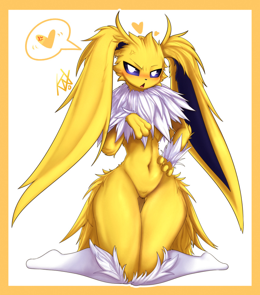 &lt;3 2023 absurd_res annoyed anthro blush cross-popping_vein digital_media_(artwork) eeveelution female female_anthro fluffy full-length_portrait fur fusion generation_1_pokemon generation_4_pokemon hi_res hybrid jolteon kneeling knoxisnotdead looking_at_viewer lopunny navel nintendo nude pokemon pokemon_(species) portrait solo wide_hips