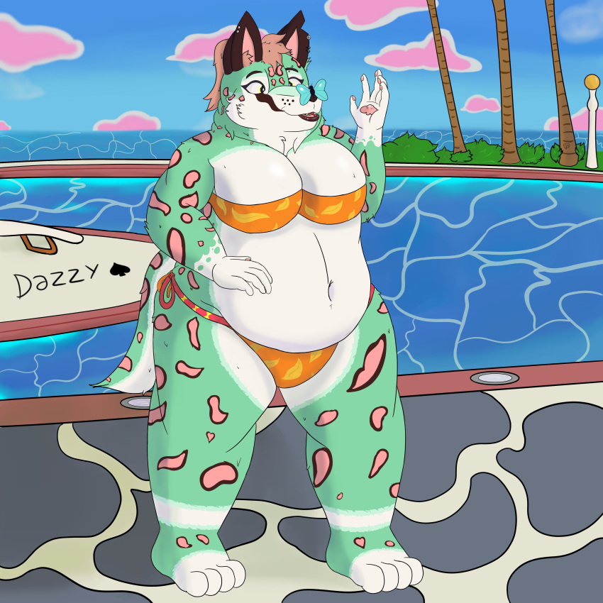 1:1 absurd_res anthro bikini canid canine cheetah clothing crossgender dazzlingfoxxo denser_(dazzlingfoxxo) felid feline female fox fur genderfluid green_body green_fur hi_res hybrid mammal overweight overweight_anthro overweight_female pawpads solo swimming_pool swimwear