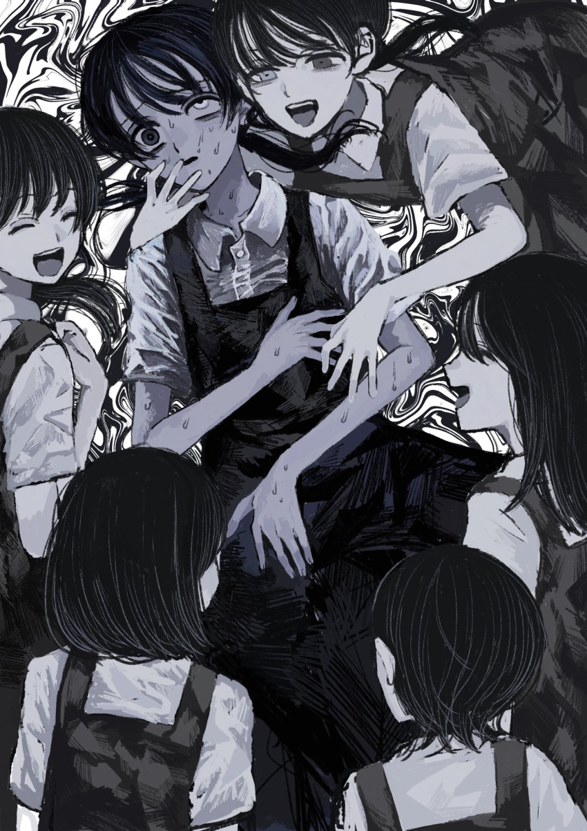 6+girls abstract_background arm_around_shoulder bags_under_eyes closed_eyes collared_shirt dress dress_shirt empty_eyes facing_another greyscale half-closed_eyes hand_on_another's_face heterochromia highres lazy_eye long_hair looking_at_another looking_at_viewer low_twintails matching_outfits medium_hair monochrome multiple_girls nervous_sweating open_mouth original pale_skin pinafore_dress scared shirt short_hair short_sleeves sleeveless sleeveless_dress smile sweat twintails wide-eyed yamanaka_(43g_k)