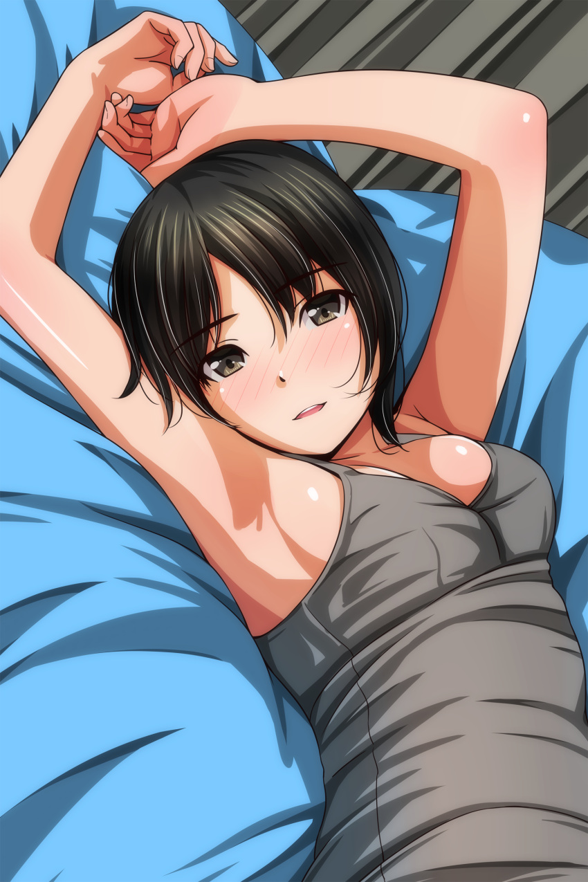 1girl absurdres armpits arms_up bare_arms bed_sheet black_hair blush breasts brown_eyes collarbone dated_commentary grey_tank_top highres looking_at_viewer lying matsunaga_kouyou medium_breasts on_back open_mouth original short_hair solo tank_top teeth upper_body upper_teeth_only