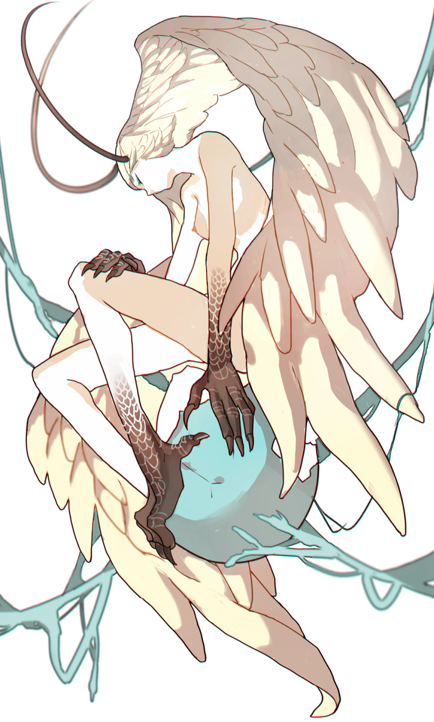 1girl antennae breasts cibokilly claws closed_eyes completely_nude devilman eyeliner eyeshadow facing_down feather_hair feathered_wings from_side full_body hand_on_own_thigh harpy head_wings highres knees_up large_head_wings makeup monster_girl nipples nude orb profile scales simple_background siren_(devilman) sitting solo talons white_background wings