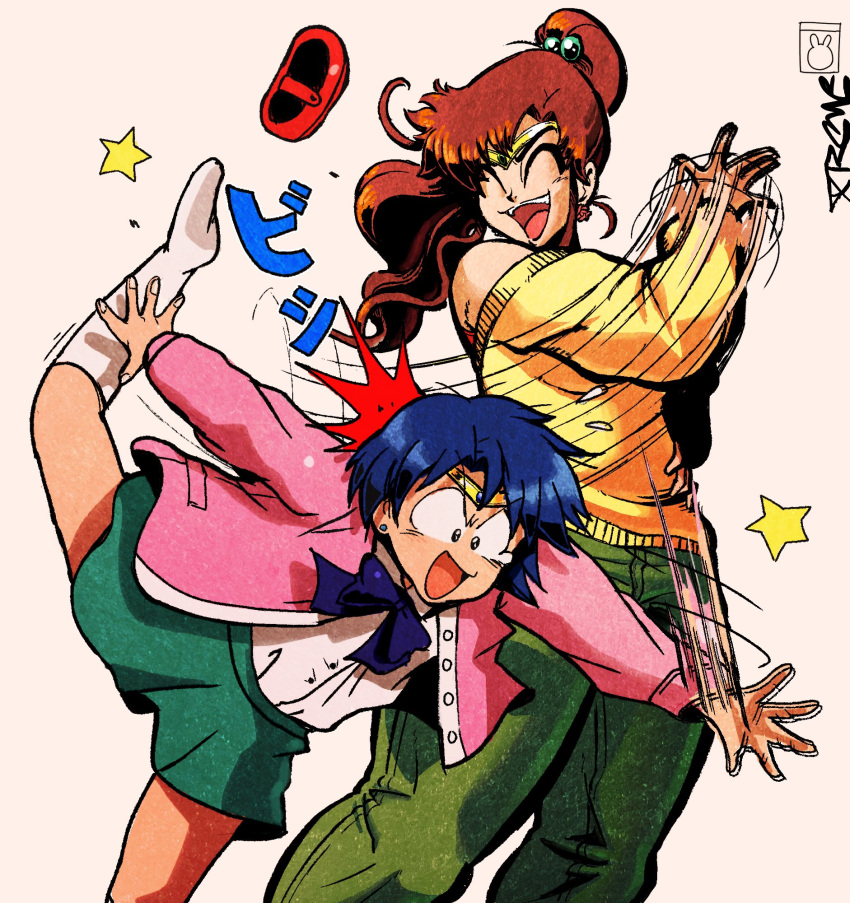 2girls bare_shoulders bendedede bishoujo_senshi_sailor_moon blue_eyes blue_hair blue_ribbon brown_hair closed_eyes earrings falling green_eyes green_skirt highres hitting jacket jewelry kino_makoto long_hair long_sleeves mizuno_ami multiple_girls pants ponytail ribbon short_hair skirt