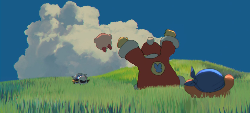 armor arms_up bandana bandana_waddle_dee beanie blue_bandana blue_sky clenched_hands cloud coat floating flying fur-trimmed_coat fur_trim gloves grass happy hat highres hill king_dedede kirby kirby_(series) looking_back mask meta_knight nt_26 on_grass outdoors pauldrons red_coat red_headwear shoulder_armor sky waddle_dee white_gloves yellow_gloves