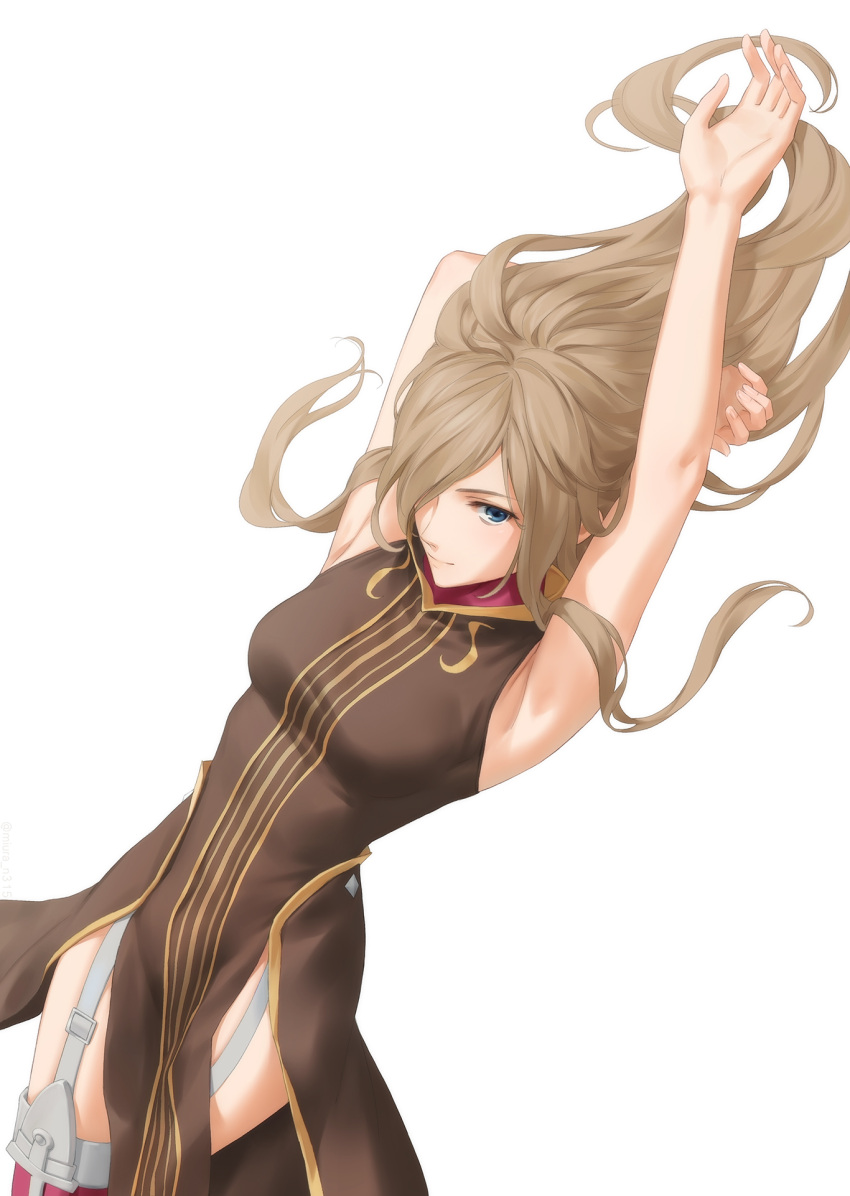 1girl armpits arms_up bare_arms bare_shoulders blue_eyes breasts brown_dress brown_hair closed_mouth commentary_request dress floating_hair garter_straps highres long_hair looking_at_viewer medium_breasts miura-n315 purple_thighhighs sleeveless sleeveless_dress smile solo tales_of_(series) tales_of_the_abyss tear_grants thighhighs very_long_hair