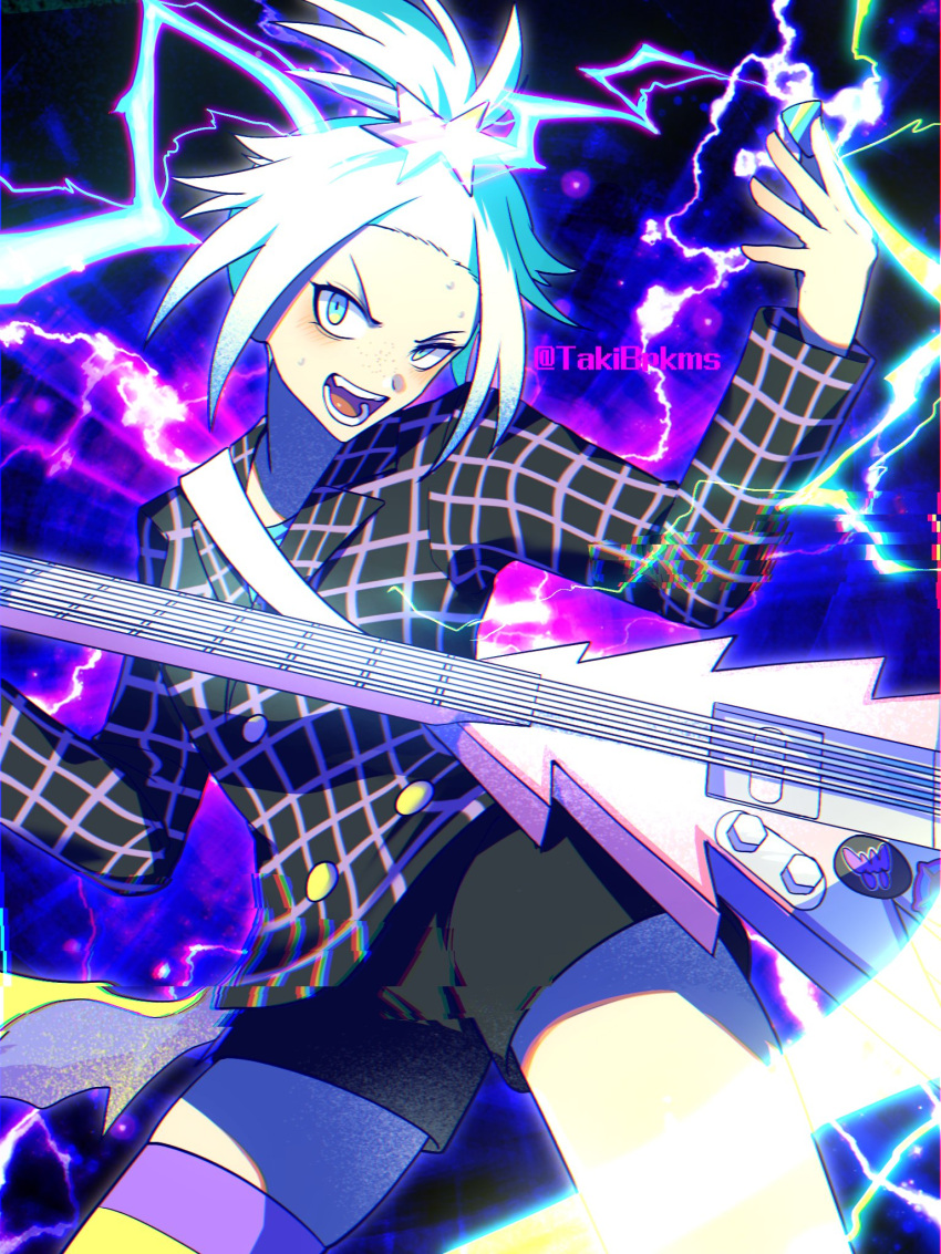 1girl aqua_eyes bass_guitar black_shorts collared_shirt commentary_request electricity eyelashes highres holding holding_plectrum instrument official_alternate_costume open_mouth plectrum pokemon pokemon_(game) pokemon_masters_ex roxie_(pokemon) roxie_(sygna_suit)_(pokemon) shirt short_hair shorts single_thighhigh solo sweat takibpkms teeth thighhighs tongue topknot white_hair