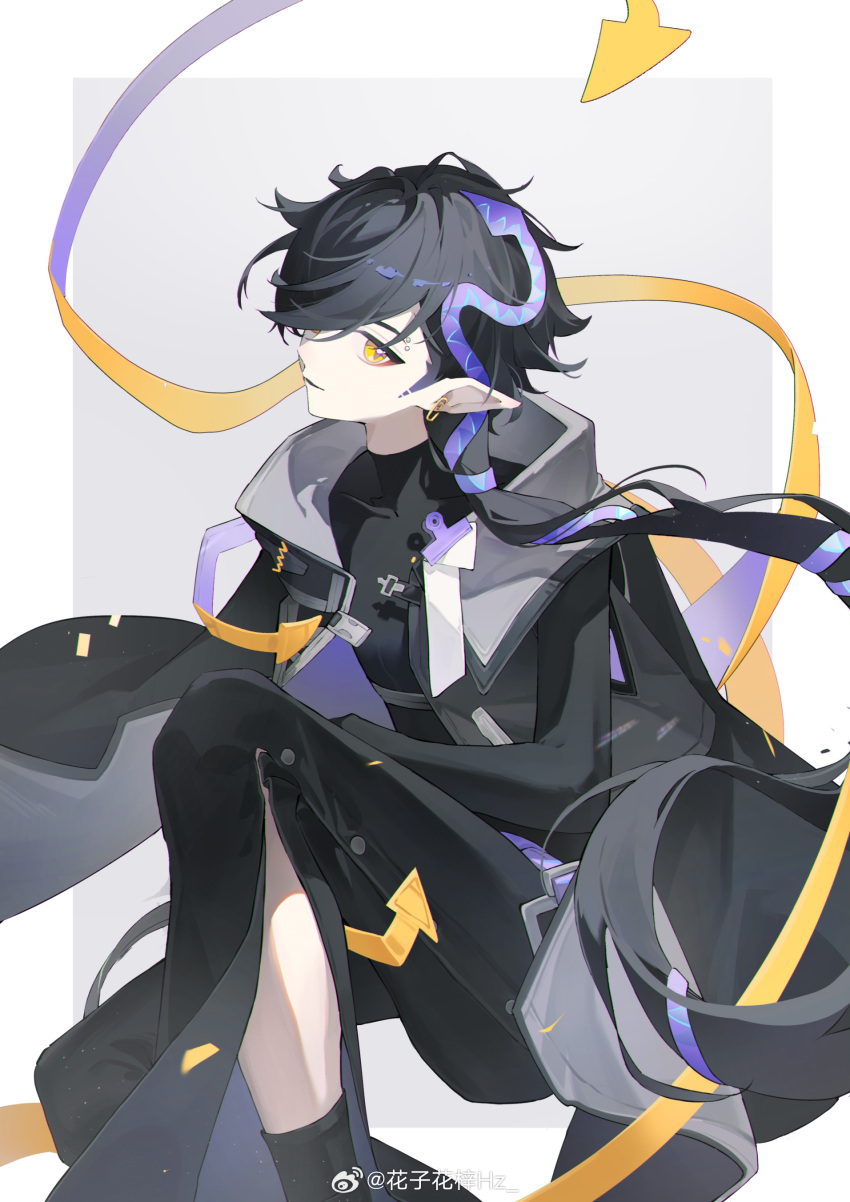 1boy absurdres antenna_hair arknights arm_rest arrow_(symbol) arrow_hair_ornament artist_name belt black_belt black_bodysuit black_hair black_jacket black_pants black_socks bodysuit border buckle buttons chinese_commentary chinese_text clothing_cutout collarbone collared_bodysuit collared_jacket commentary_request corroserum_(arknights) dutch_angle earrings eyebrow_piercing feet_out_of_frame foreshortening from_side grey_background grey_jacket hair_ornament hair_over_one_eye head_back high_collar highres invisible_chair jacket jacket_on_shoulders jewelry knee_up leaning leaning_forward leg_cutout light_particles light_smile long_hair long_sleeves looking_at_viewer low_ponytail low_side_ponytail male_focus multicolored_clothes multicolored_jacket multiple_piercings outside_border pale_skin pants paperclip paperclip_earrings parted_lips piercing pointy_ears ponytail profile shadow side_ponytail sideways_glance simple_background sitting skin_tight sleeveless sleeveless_jacket snap-fit_buckle socks solo swept_bangs two-tone_jacket variant_set very_long_hair watermark weibo_6993647604 weibo_logo weibo_username white_border yellow_eyes