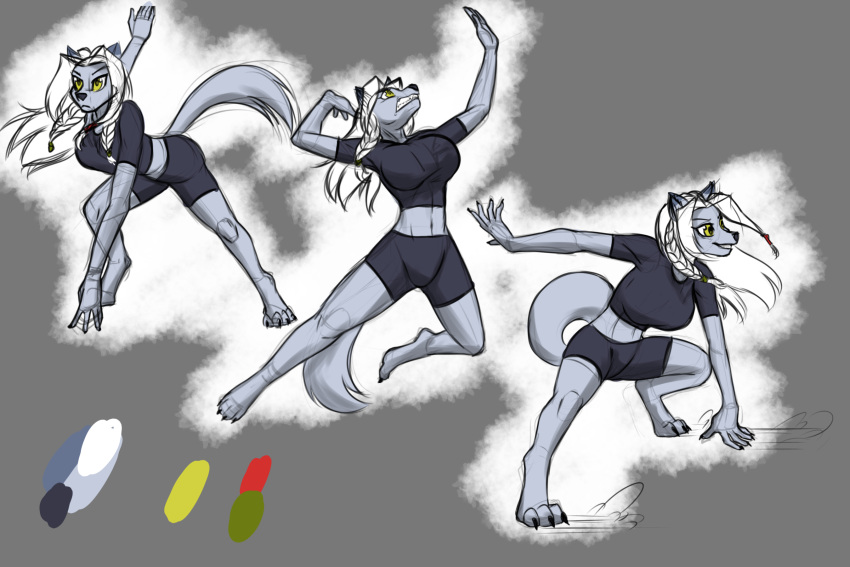 2023 3:2 3_toes 5_fingers action_pose anthro biped black_bottomwear black_clothing black_nose black_shorts black_topwear bottomwear canid canine canis clothing digital_media_(artwork) feet female fingers fur grey_background grey_body grey_fur grey_tail hair hi_res mammal midriff multiple_images navel pose redahfuhrerking shorts simple_background solo toes topwear white_hair wolf yellow_eyes yeneva_(redahfuhrerking)