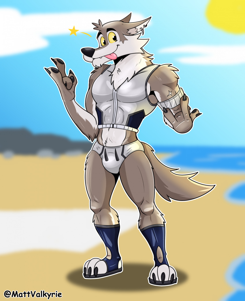 2023 anthro beach briefs bulge canid canine canis clothing cloud digital_drawing_(artwork) digital_media_(artwork) english_text epic_games fortnite gesture hi_res looking_at_viewer m.mcallister88 male mammal plantigrade sea seaside shaka_sign signature solo star sun text tongue tongue_out underwear water wendell_(fortnite) wolf