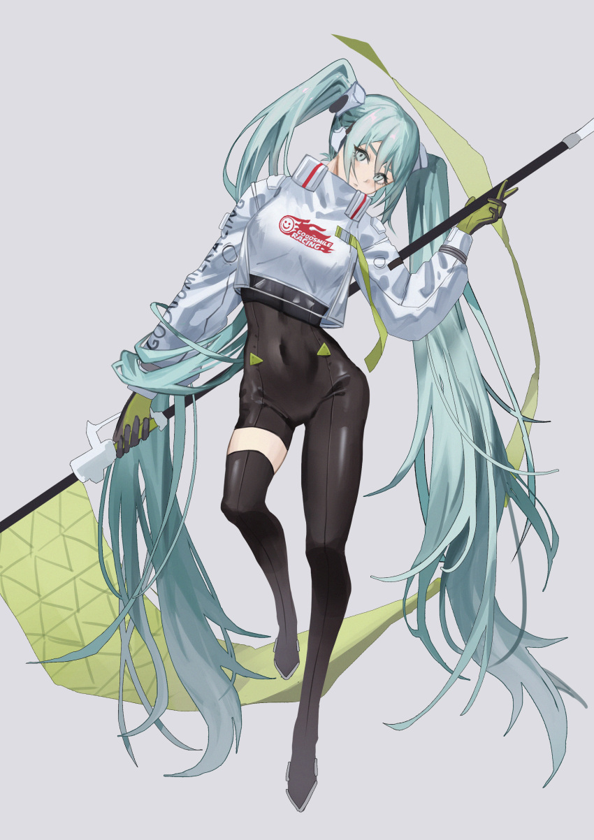 1girl absurdly_long_hair absurdres aqua_hair asymmetrical_bodysuit black_bodysuit black_gloves bodysuit boots chinese_commentary closed_mouth commentary_request covered_navel cropped_jacket flag flagpole flame_print full_body gloves green_flag green_gloves hatsune_miku head_tilt highres holding holding_flag holding_pole jacket long_hair long_sleeves looking_at_viewer pole race_queen racing_miku racing_miku_(2022) simple_background single_leg_bodysuit single_thigh_boot single_thighhigh smiley_face solo standing standing_on_one_leg text_print thigh_boots thighhighs two-tone_gloves very_long_hair vocaloid white_background white_jacket zhenxiao