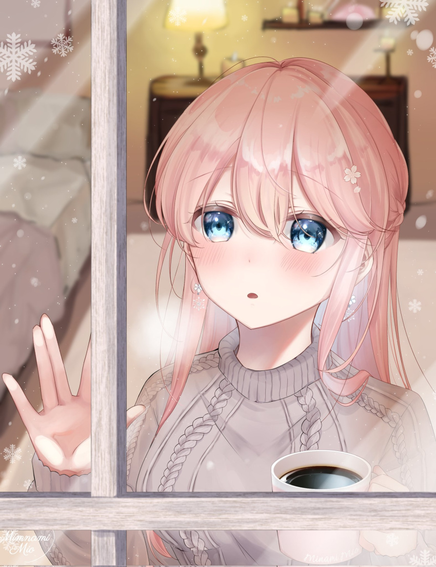 1girl blue_eyes blush braid breath brown_sweater commentary_request couch cup earrings hair_between_eyes hand_on_window highres holding holding_cup indoors jewelry lamp long_hair minamimio0527 open_mouth original pink_hair snowflakes solo sweater upper_body