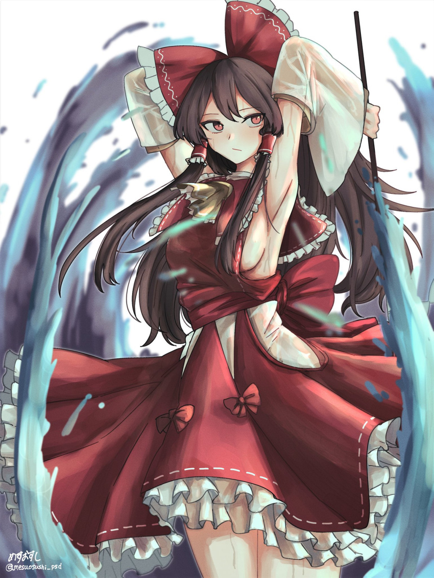 1girl :/ armpits arms_up ascot blurry blurry_background bow breasts brown_hair closed_mouth commentary_request cowboy_shot detached_sleeves expressionless frilled_bow frilled_hair_tubes frilled_shirt_collar frills gohei hair_bow hair_tubes hakurei_reimu highres holding holding_stick hydrokinesis long_hair long_sleeves looking_to_the_side medium_breasts mesuosushi petticoat pink_eyes red_bow red_skirt red_vest see-through see-through_sleeves sideboob simple_background skirt skirt_set solo stick touhou very_long_hair vest water white_background wide_sleeves yellow_ascot