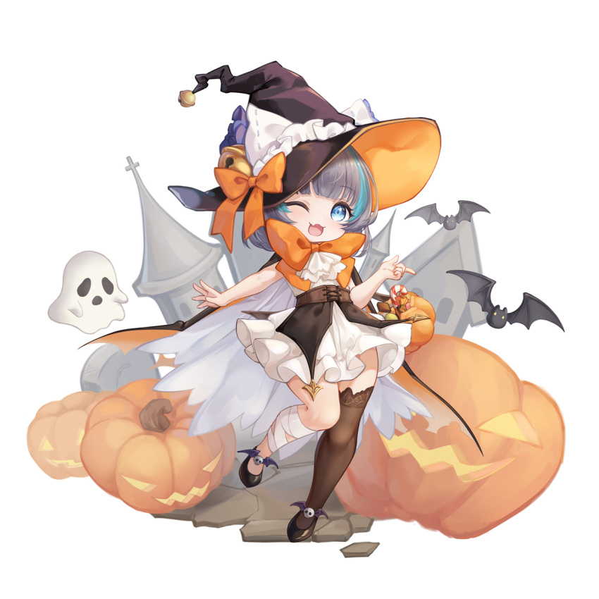1girl ;3 ;d alternate_costume aqua_hair ascot azur_lane bandaged_leg bandages bat_(animal) bell black_footwear black_thighhighs blue_eyes bow bowtie castle charcoal_carbon chibi dress fang ghost grey_hair halloween_costume hat hat_bell hat_bow highres jack-o'-lantern jingle_bell leg_up little_cheshire_(azur_lane) looking_at_viewer multicolored_hair one_eye_closed open_mouth orange_bow orange_bowtie outstretched_arm pumpkin simple_background single_thighhigh skin_fang sleeveless sleeveless_dress smile solo standing streaked_hair thighhighs tomb two-tone_hair white_ascot white_background witch_hat
