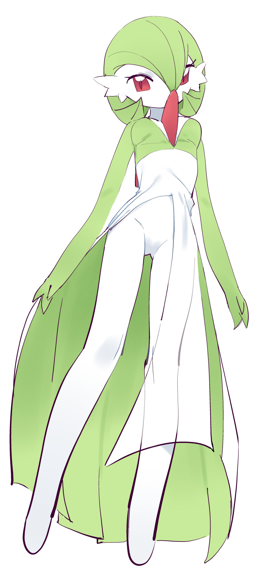 1girl absurdres ass_visible_through_thighs breasts dress eds from_below full_body gardevoir green_hair hair_between_eyes highres long_dress pokemon pokemon_(creature) red_eyes small_breasts solo