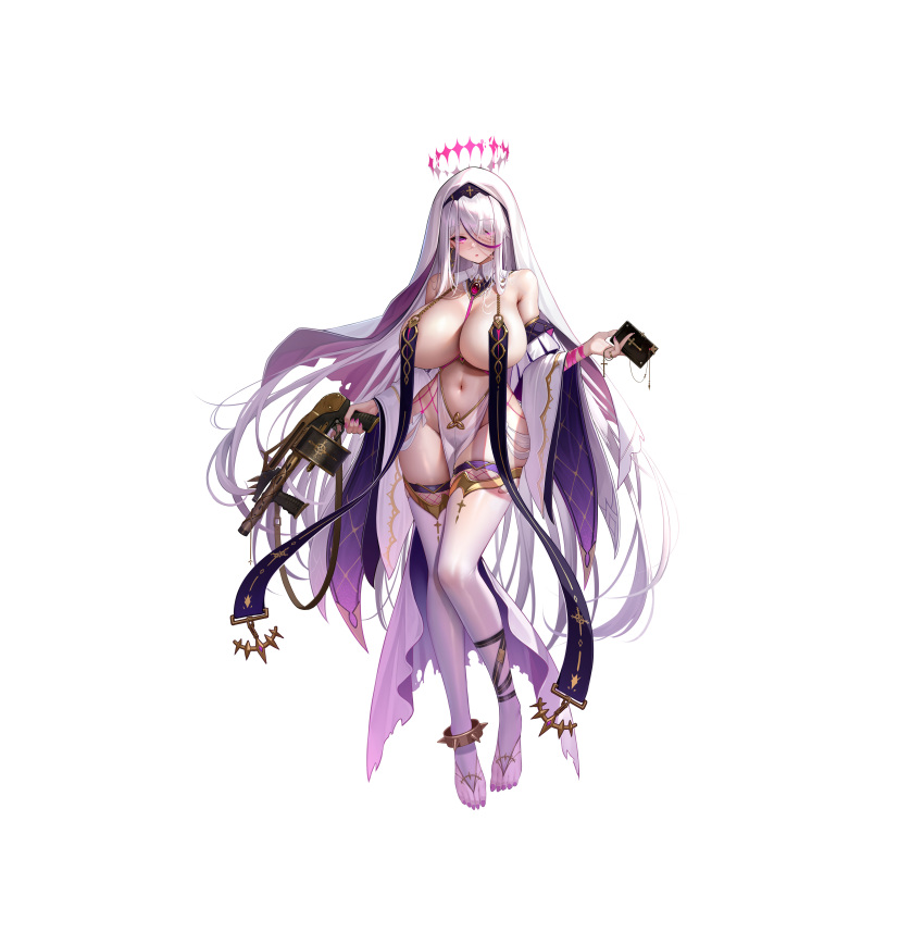 1girl absurdres book breast_curtains breasts bridal_legwear detached_sleeves goddess_paradise gun halo highres holding holding_book holding_gun holding_weapon huge_breasts long_hair long_sleeves meion multicolored_hair nail_polish navel official_art parted_lips pelvic_curtain purple_eyes simple_background solo stomach streaked_hair thighhighs toeless_legwear toenail_polish toenails veil very_long_hair weapon white_background white_hair white_thighhighs